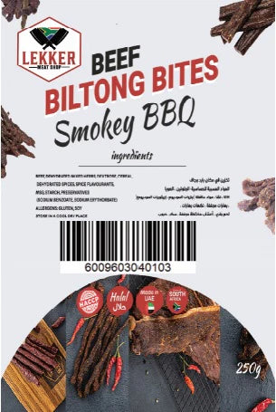 LEKKER BEEF BILTONG STICKS SMOKEY BBQ 250G