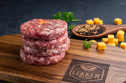 LEKKER MEAT SHOP BEEF BURGER PATTIES CHEESE 900G
