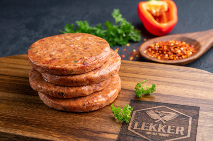 LEKKER MEAT SHOP BEEF BURGER PATTIES HOT CHILLI (900G)